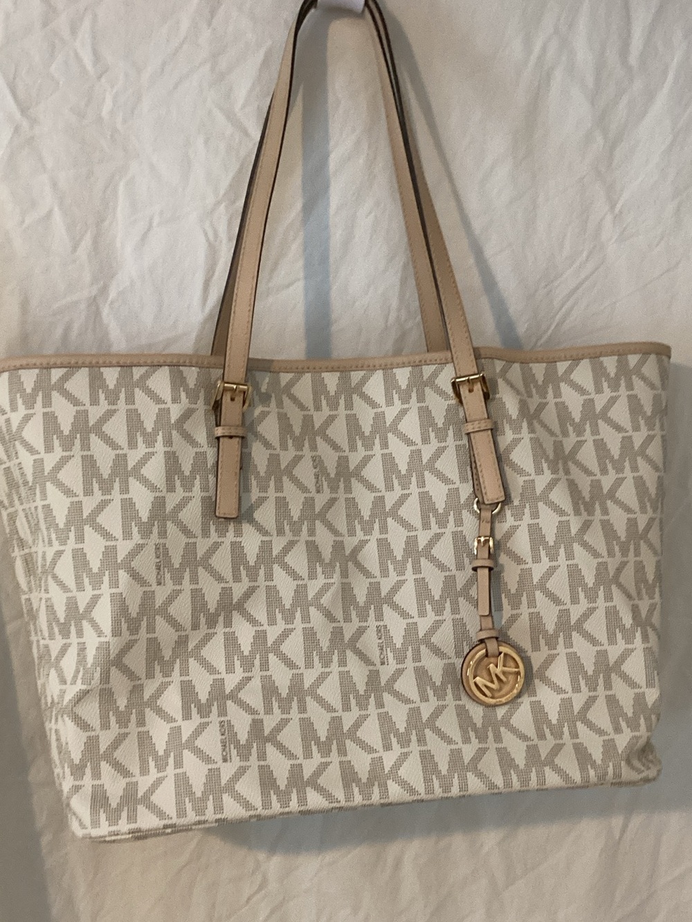 Michael Kors Cream and Tan MK Logo Tote with Gold Charm
